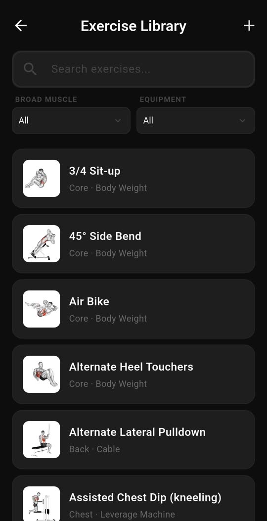 The exercise library with search, muscle and equipment filters, and an illustration beside every exercise